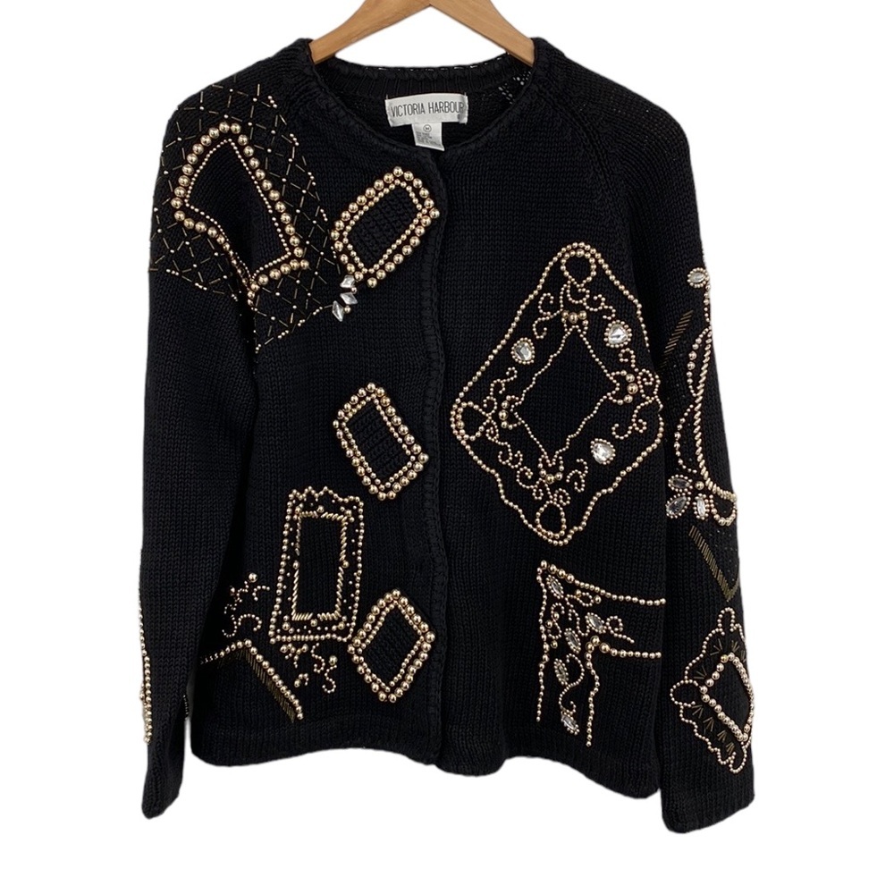 Victoria Harbour Vintage Cardigan Sweater Womens Medium Black Gold Embellished
